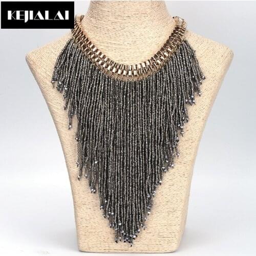 KEJIALAI Bohemian Style Hyperbole Torques Choker Necklace Handmade Jewelry Glass Crystal Beads Long Tassel Women Accessories