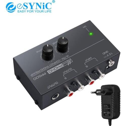 ESYNiC Portable Phono Preamplifier PP500 Ultra-Compact Phono Preamplifier With RCA In & Out 1/4" TRS Out Level & Volume Controls
