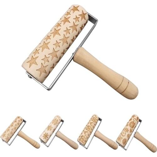 Christmas Embossing Wood Rolling Pin Embossing Cake Dough Roller DIY Kitchen Baking Tool For Household Baking Accessories