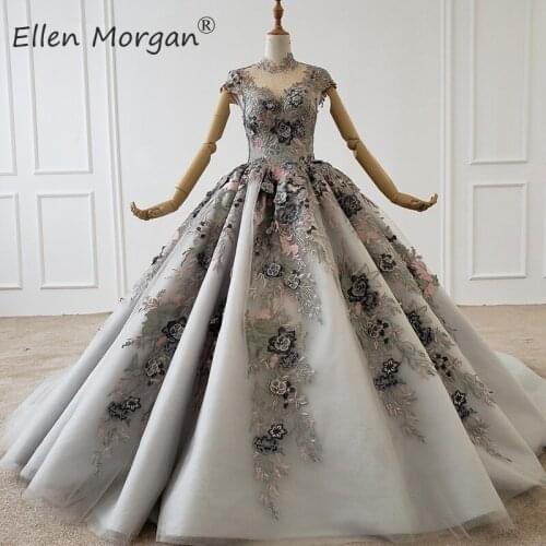 Silver High Neck Ball Gowns Evening Dresses 2020 for Women Colorful Ruffles Lace 3D Flowers Event Formal Prom Party for Women