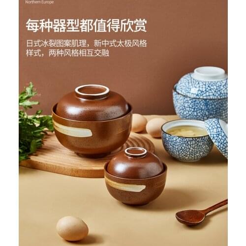 Soup Bowl Japanese Retro Ice Crack Tableware with Lid Steaming Bowl Steamed Egg Bowl Large Instant Noodle Bowl Single Ceramic