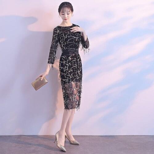 Three Quarter Length Sleeves Evening Dresses O-neck Formal Party Dresses Tassel Short Black Evening Gowns Vestido De Noite