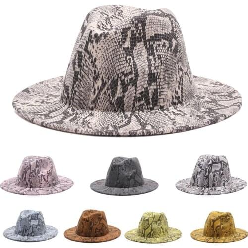 2020 winter fedora hats for women fashion Flat wide Brim Wool Felt Jazz Snake skin Hats for men Leopard goth top vintage hat cap