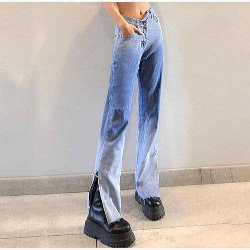 Womens Loose High-waisted Street Fashion Gradient Split Straight Jeans Spring and Summer Style Worn Buttons Womens Clothing