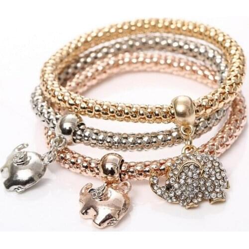 Mini Elephant Pendant Women Charms Bracelets 3Pcs/Set Zinc Alloy Snake Chain Bracelets & Bangles A Set Of Three Colors