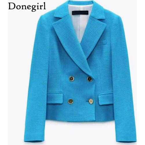 2021 Spring Autumn Women Vintage Blue Tweed Blazer Coat Chic Button Pockets Suit Jacket Female Office Short Outerwear