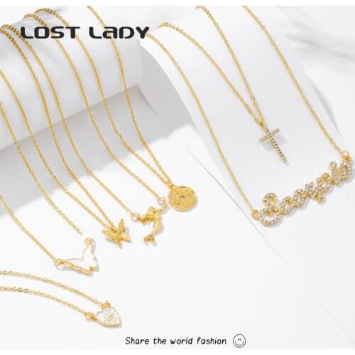 Lost Lady Fashion Amulet Cross Eyes Butterfly Pendant Necklaces Vintage Gold Color Chain Necklaces for Women Party Jewelry Gift