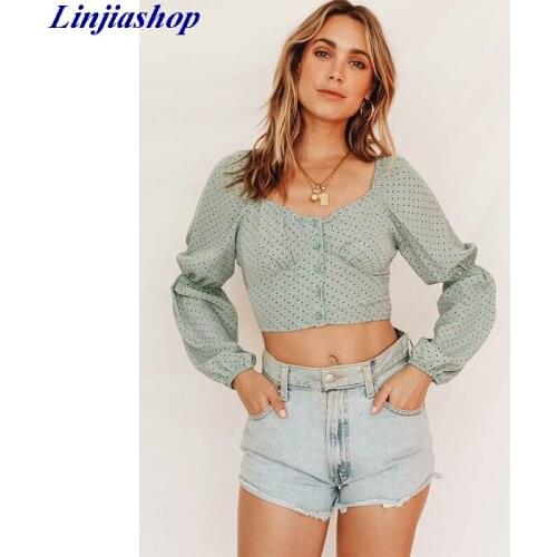 Vintage dot women crop top chiffon blouse 2019 autumn fashion female ruffle short casual beach daily blusas streetwear vestidos