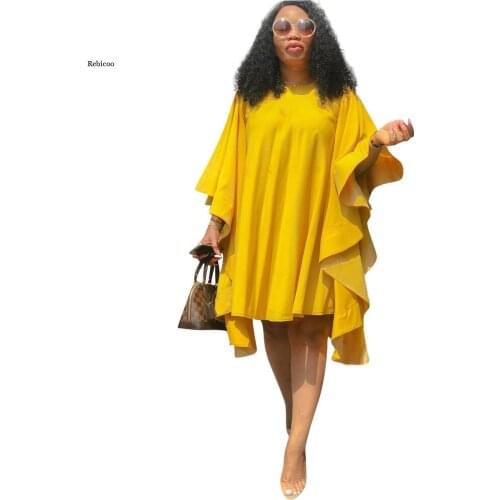 Ruffles Splice Plus Size Ladies Dresses Women Batwing Sleeve Loose Yellow Dress Sexy Club Party Round Neck Midi Dress Vestidos