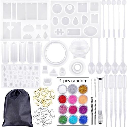 159pcs DIY Crystal Glue Jewelry Casting Mold Mould Tools Set with 12pcs Glitter Powder for Pendant Making Crafts Supplies