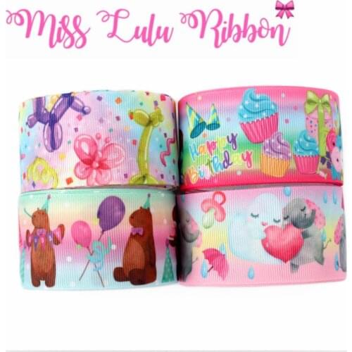 16mm-75mm Balloon Cartoon Elephant Bear Cake Printed Grosgrain/Elastic Ribbon DIY Hair Bowknots Happy Birthday 50yards/roll