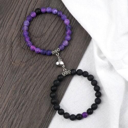 2Pcs/Set Romantic Heart Shape Magnet Pendant Bracelets 6 8MM Weathered Stone Bangles Jewelry Couple Handmade Strench Pulsera New