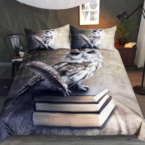 Owl Duvet Cover 3D Print Bedding Set Quill Cover Pattern Bedclothes Brown Gray Comforter Cover 3Pcs