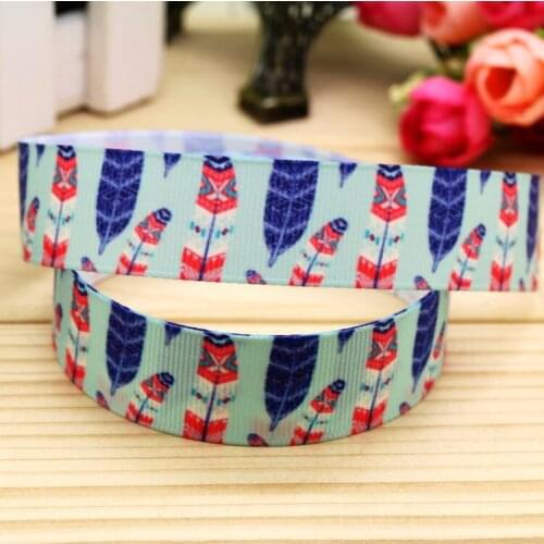 7/8'' Free shipping feather printed grosgrain ribbon hairbow headwear party decoration diy wholesale OEM 22mm P5794