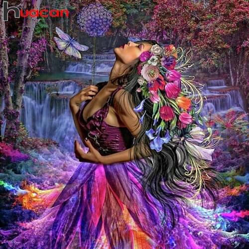 Huacan Diy Diamond Painting Woman Flower Scenery Full Square/round Mosaic Embroidery Girl Waterfall Home Decor
