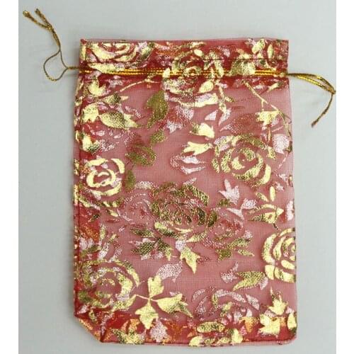 ALY Wholesale 100pcs/lot 15x20cm Rose Gold Bronzing Organza Bags Red Color Jewelry Bags And Packaging Small Drawstring Pouches