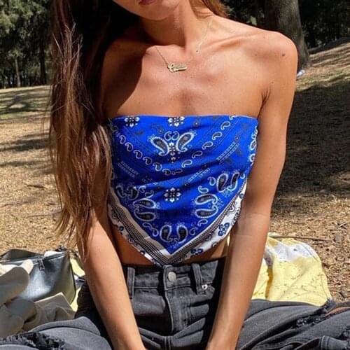 SEASONS Fashion Blue Paisley Print Bandana Tops Streetwear Strapless Backless Lace-Up Sleeveless Tank Tops Sexy Vests ASVE82914