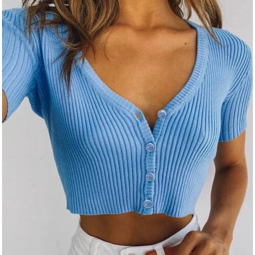 Brandy Sexy Women Button Knitted Short Sleeve Korean Style Ribbed Summer Crop Top clothes tshirt shirt vintage t-shirt clothing