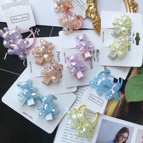 Boutique 12Sets Fashion Crystal Bear Hairpins Barrettes Cartoon Animal Elastic Hair Bands Ponytail Holder Princess Headwear