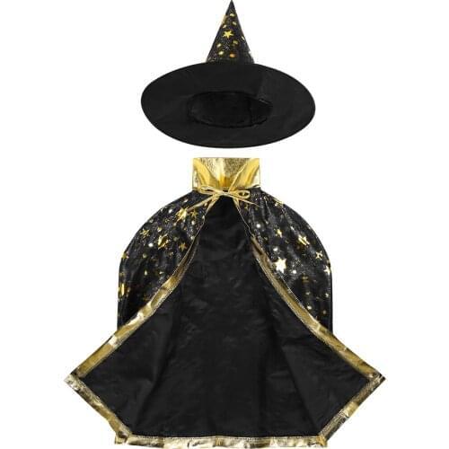 Kids Boys Girls Children Halloween Costumes Outfit Witch Wizard Cloak Cape with Pointed Hat Outfit Set for Cosplay Party Dressup