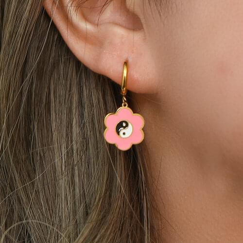 Keep Balance Sweet Pink Flower Enamel Yingyang Charm Hoop Earrings Stainless Steel Small Huggies Gold Earrings For Girl