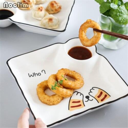 European Ceramic Square Dumpling Plate with Vinegar Dish White Porcelain Cute Cartoon Dessert Sushi French Fries Plate Tableware