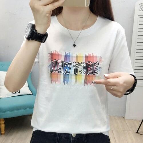 GGRIGHT 2021 Summer Letter Print O-Neck T-Shirt Women Cotton Basic Tee Shirt Women Knitted Casual Solid Short Sleeve Korean Tops