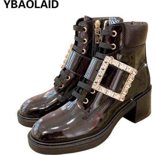 Leather Thin Cross-lace Thick Heel Martin Boots Autumn New Round Head Rhinestone Square Buckle Short Boots Thin Chelsea Boots