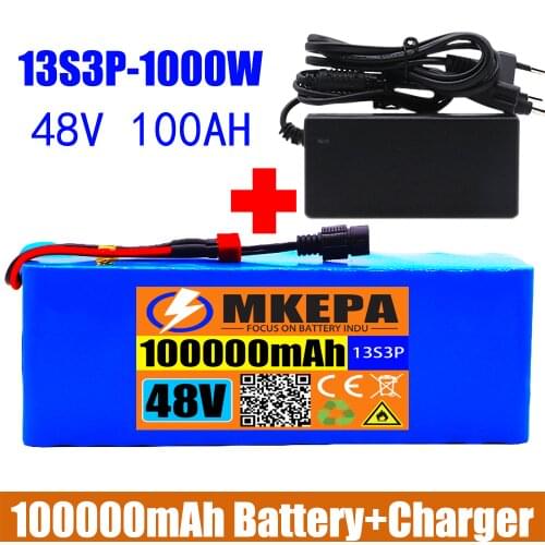 13S3P 48V 100000mAh Lithium-ion Battery Pack 100Ah 1000W for 54.6V E-bike Electric Bicycle Scooter with BMS+2A Charger