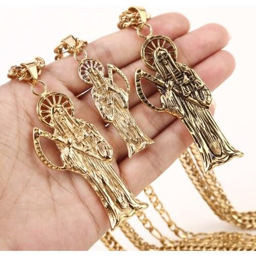 Witaya Classic New Retro Death of Angel Santa Muerte Mens Pendant Necklace 316L Stainless Steel Jewelry Men Party Gift