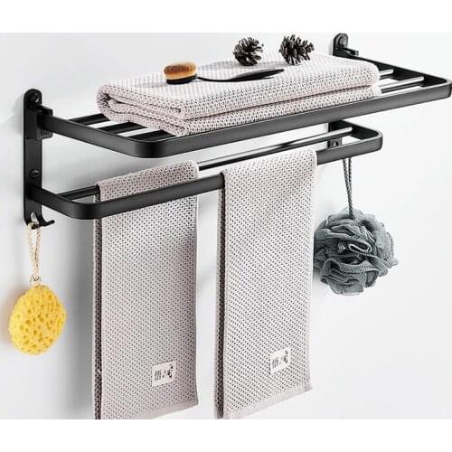 Towel Rack Wall Mounted Bathroom Towel Holder Punch-Free Double Layer Bathtowel Holder Matte Black Storage Rack Bathroom Product