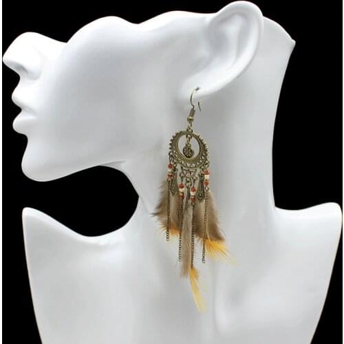 New Light Brown Feathers Earrings Female National Vintage Round Vacant Holiday Seaside Statement Earing Fashion Jewelry 2017