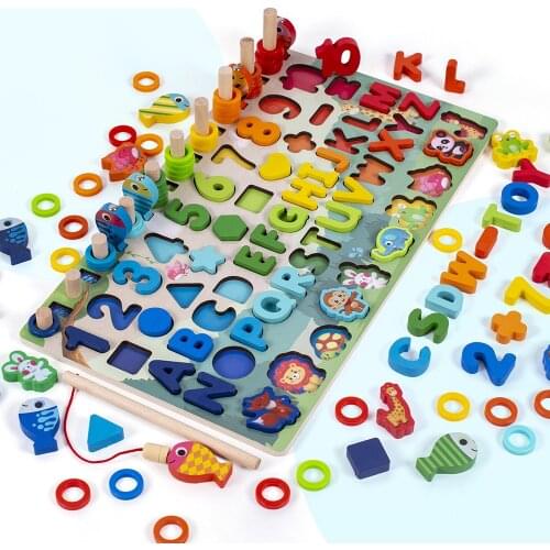 Montessori Educational Wooden Toys Children Busy Board Math Fishing Childrens Wooden Preschool Montessori Toy Counting Geometry