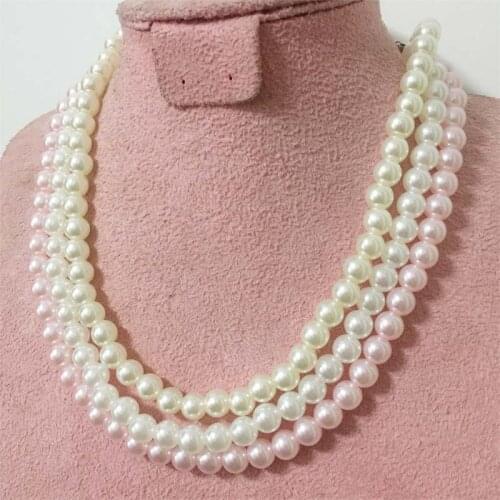 8mm Beige White Pink Pearls Necklace Handmade Bead Fashion Jewelry Best Gift for Mother Daughter Sister School Friend