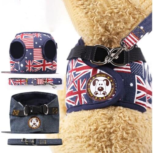 Pet cowboys strap vest adjustable dog leash with fashion denim fabric suit for small medium large dogs supplies chest strap set
