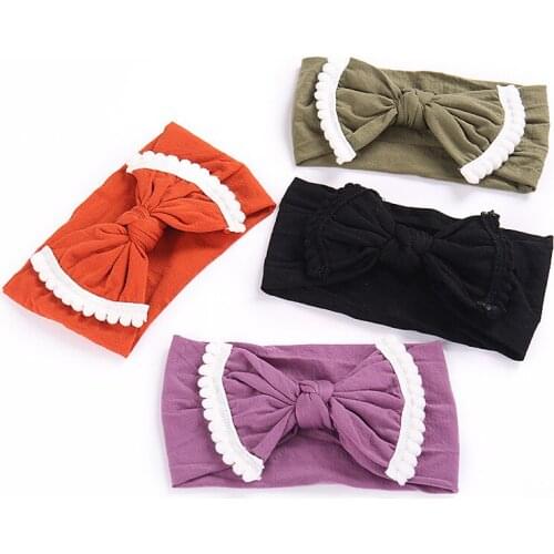 Newborn Pomp Pomp Trim Nylon Headbands Soft Stretch Elastic Bows Head Bands Toddlers Girls Candy colors Cotton Head Wraps Turban
