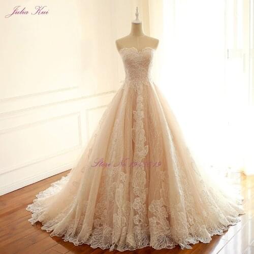 Julia Kui Simple Sleeveless Strapless A-Line Wedding Dresses With Fanasitic Appliques Lace Up Bridal Dress