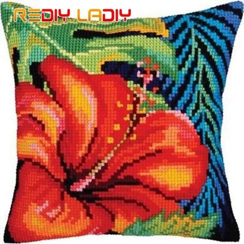 DIY Cross Stitch Cushion Cover Red Flowers Needlepoint Kits Printed Canvas Thick Yarn Cross-stitch Pillow Case Arts and Crafts