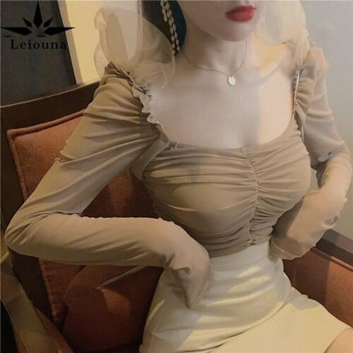 Leiouna Puff Sleeve Chiffon Blouse 2020 New Style Spring Korean Style Sexy Short Underwear Base Shirt Long-sleeved Sexy Tops
