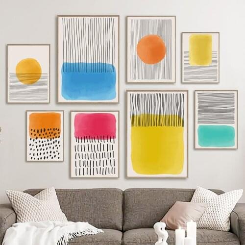 Modern Colorful Red Blue Yellow Abstract Geometric Line Art Prints Minimalist Poster Canvas Painting Pictures Home Wall Decor