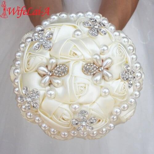 WifeLai-A Ivory Diamond Pearl Beaded Bouquet ,Cream Flower Bridal Bouquets Wedding Bridesmaid Bouquets (Accept Custom) W0724