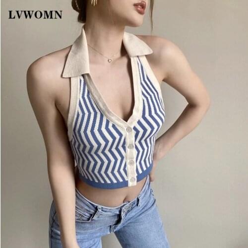 LVWOMN Tops Sexy Crop Vest Women Za 2021 Summer Halter Off Shoulder Buttons Knitted Women Tops Chic Street Style Hot Girls Beach