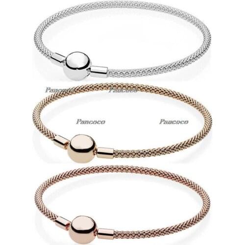 925 Sterling Silver Bangle Rose Gold Snake Chain Basic Ball Clasp Mesh Bracelet Fit Women Bead Charm Fashion Jewelry