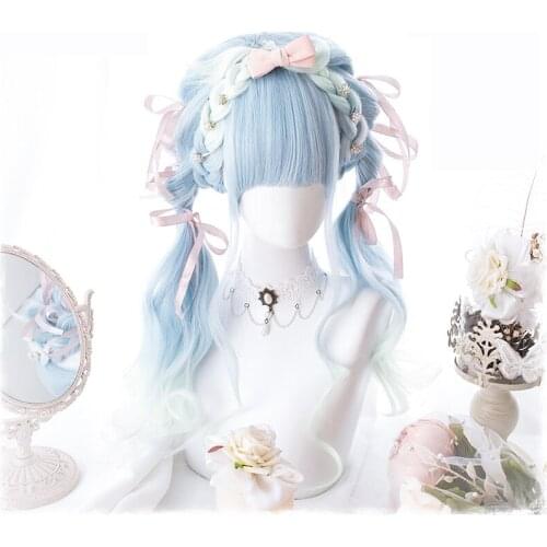 Sky Blue Gradient Harajuku Lolita Wig Soft Girl Headwear Female Various Styles Halloween Cosplay Wig Only No Accessory