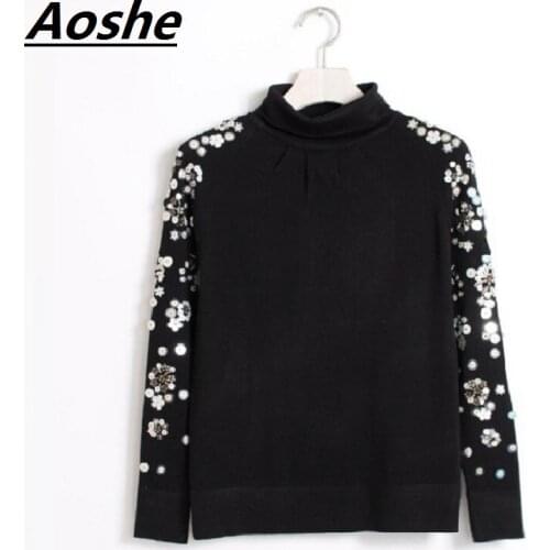 Aoshe Pullover Handmade Beading Winter Turtleneck Sweater For Women 2018 Fashion Design Long Sleeve Black Knit Jumper Top