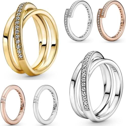 Authentic 925 Sterling Silver Crossover Pave Triple Band Ring For Women Wedding Party Europe Pandora Jewelry
