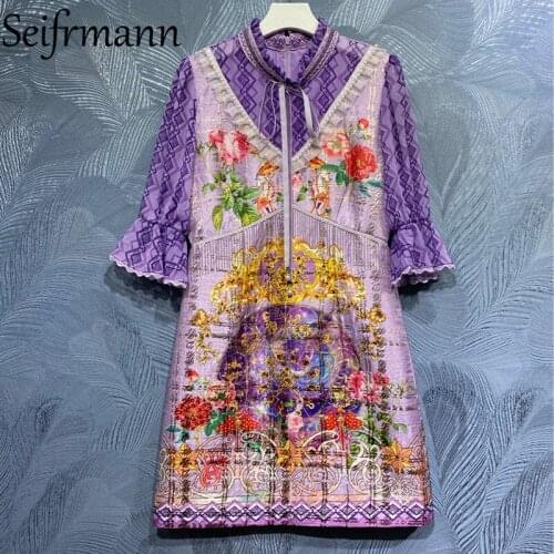 Seifrmann New 2021 Summer Women Fashion Runway Mini Dress Flare Sleeve Gorgeous Crystal Ruffles High Waist Print Ladies Dresses