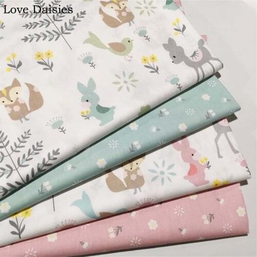 100% Cotton Twill WHITE Cartoon Pink Green Rabbit Fox Bird Small White Flower Fabric Kids Sheet Handwork Home Decor Dress Craft