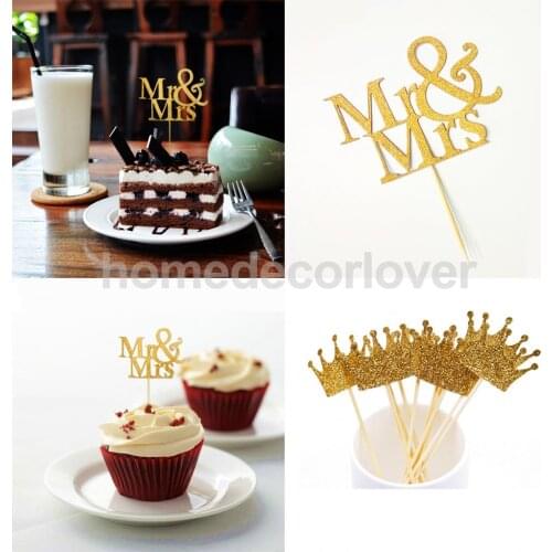 20pcs Gold Glitter Mr Mrs+20 pcs Crown Cake Toppers Wedding Engagement Anniversary Cake Decor Cake Centerpieces