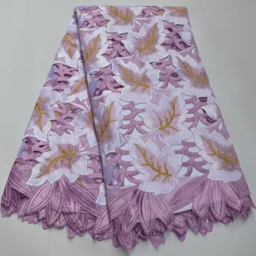 5yards/pc) High quality hand cut African voile lace big embroidered Swiss cotton lace fabric in lilac for party dress CLP472